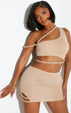 Outlet PrettyLittleThing Shape Mesh Twist Strap Cut Out Crop Top Stone