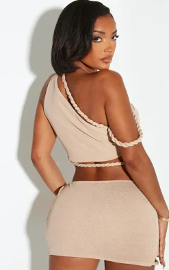Outlet PrettyLittleThing Shape Mesh Twist Strap Cut Out Crop Top Stone