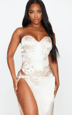 Sale PrettyLittleThing Shape Satin Bandeau Corset Bodysuit Stone