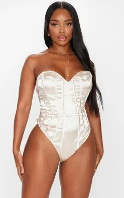 Sale PrettyLittleThing Shape Satin Bandeau Corset Bodysuit Stone