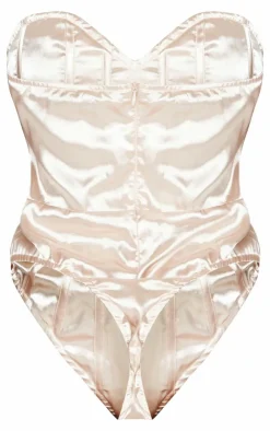 Sale PrettyLittleThing Shape Satin Bandeau Corset Bodysuit Stone