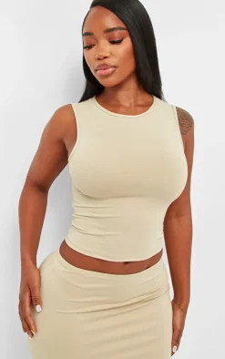 Discount PrettyLittleThing Shape Sculpted Longline Racer Top Stone