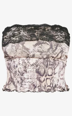 Clearance PrettyLittleThing Shape Slinky Lace Trim Snake Print Bandeau Stone