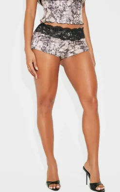 Hot PrettyLittleThing Shape Slinky Lace Trim Snake Print Hot Pants Stone
