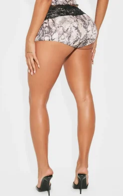 Hot PrettyLittleThing Shape Slinky Lace Trim Snake Print Hot Pants Stone