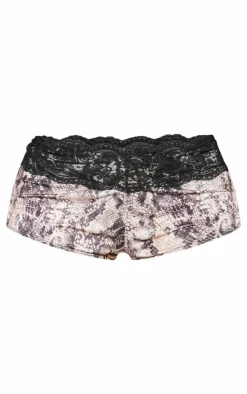 Hot PrettyLittleThing Shape Slinky Lace Trim Snake Print Hot Pants Stone