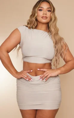 Hot PrettyLittleThing Shape Slinky Ruched Side Mini Skirt Stone
