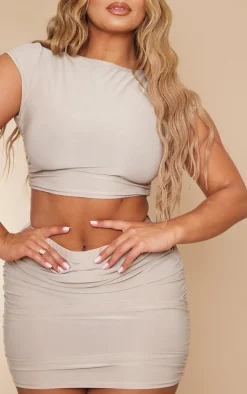Hot PrettyLittleThing Shape Slinky Ruched Side Mini Skirt Stone