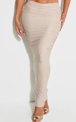 Sale PrettyLittleThing Shape Slinky Ruched Midaxi Skirt Stone