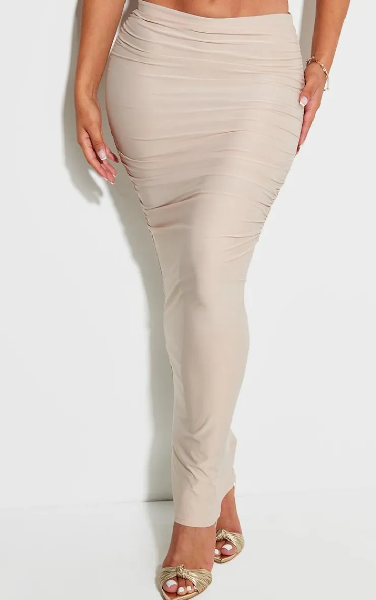 Sale PrettyLittleThing Shape Slinky Ruched Midaxi Skirt Stone