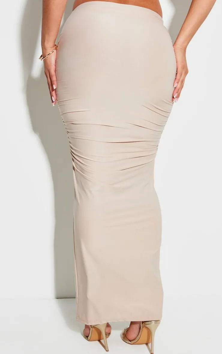Sale PrettyLittleThing Shape Slinky Ruched Midaxi Skirt Stone