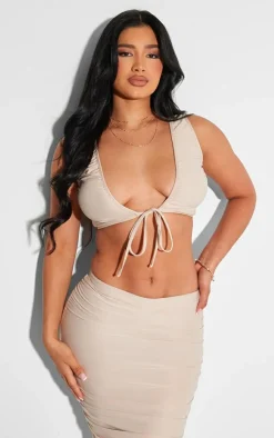 New PrettyLittleThing Shape Slinky Tie Front Sleeveless Top Stone