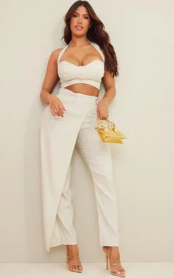 Hot PrettyLittleThing Shape Stretch Woven Buckle Detail Halterneck Crop Top Stone