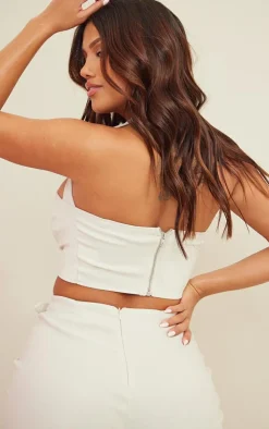 Hot PrettyLittleThing Shape Stretch Woven Buckle Detail Halterneck Crop Top Stone