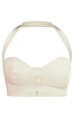 Hot PrettyLittleThing Shape Stretch Woven Buckle Detail Halterneck Crop Top Stone