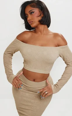 PrettyLittleThing Shape Textured Seamless Bardot Long Sleeve Crop Top Stone