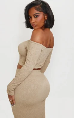 PrettyLittleThing Shape Textured Seamless Bardot Long Sleeve Crop Top Stone