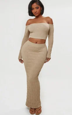 PrettyLittleThing Shape Textured Seamless Bardot Long Sleeve Crop Top Stone