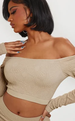 PrettyLittleThing Shape Textured Seamless Bardot Long Sleeve Crop Top Stone
