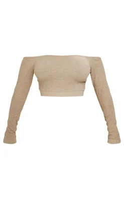 PrettyLittleThing Shape Textured Seamless Bardot Long Sleeve Crop Top Stone
