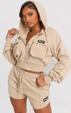 New PrettyLittleThing Shape Washed Pocket Detail Cropped Hoodie Stone