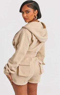 New PrettyLittleThing Shape Washed Pocket Detail Cropped Hoodie Stone