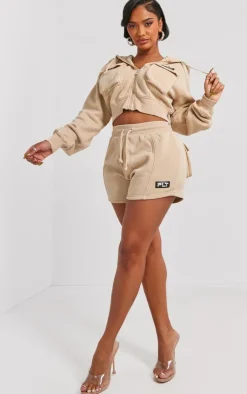 New PrettyLittleThing Shape Washed Pocket Detail Cropped Hoodie Stone