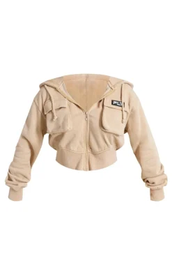 New PrettyLittleThing Shape Washed Pocket Detail Cropped Hoodie Stone