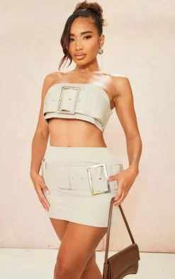 PrettyLittleThing Shape Woven Belted Bandeau Stone