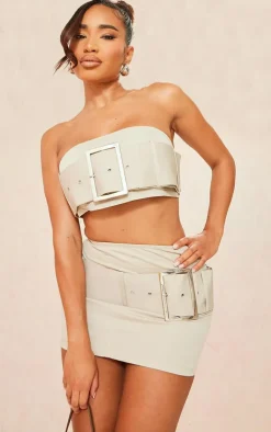 Sale PrettyLittleThing Shape Woven Belted Micro Mini Skirt Stone