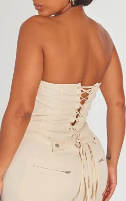 Discount PrettyLittleThing Shape Woven Lace Up Back Corset Stone