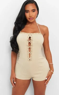 PrettyLittleThing Unitards*Shape Woven Lace Up Bandeau Unitard