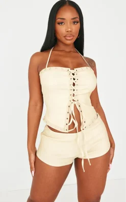 Hot PrettyLittleThing Shape Woven Low Rise Hot Pants Stone