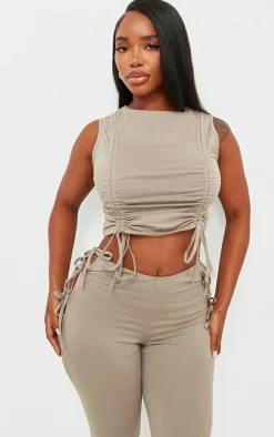 New PrettyLittleThing Shape Cotton Ruched Racer Longline Top Taupe