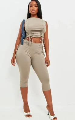 New PrettyLittleThing Shape Cotton Ruched Racer Longline Top Taupe