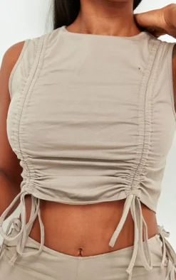 New PrettyLittleThing Shape Cotton Ruched Racer Longline Top Taupe