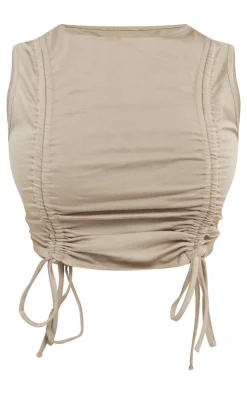 New PrettyLittleThing Shape Cotton Ruched Racer Longline Top Taupe