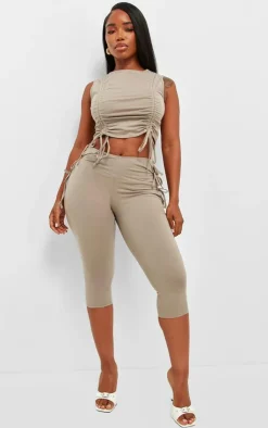 Discount PrettyLittleThing Shape Cotton Tie Detail Capri Leggings Taupe