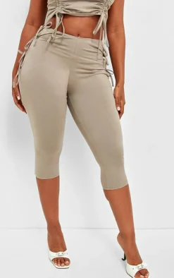 Discount PrettyLittleThing Shape Cotton Tie Detail Capri Leggings Taupe