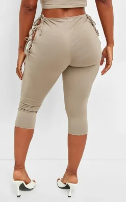 Discount PrettyLittleThing Shape Cotton Tie Detail Capri Leggings Taupe