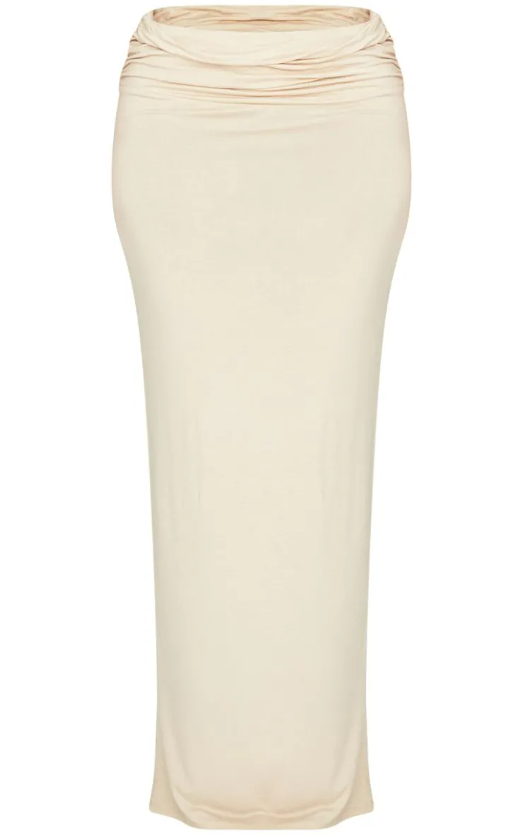 Sale PrettyLittleThing Shape Jersey Ruched Waist Maxi Skirt Taupe