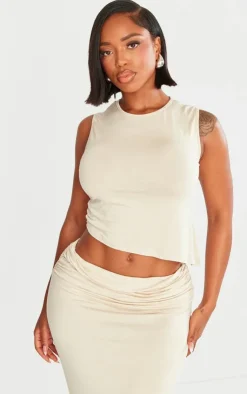 Hot PrettyLittleThing Shape Jersey Ruched Side Asymmetric Hem Crop Top Taupe