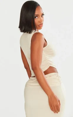 Hot PrettyLittleThing Shape Jersey Ruched Side Asymmetric Hem Crop Top Taupe