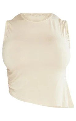 Hot PrettyLittleThing Shape Jersey Ruched Side Asymmetric Hem Crop Top Taupe