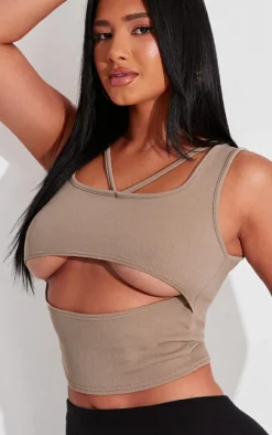 Shape Taupe Ribbed Strap Detail Cut Out Crop Top
