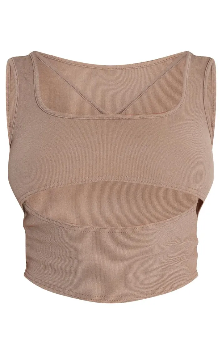 Shape Taupe Ribbed Strap Detail Cut Out Crop Top