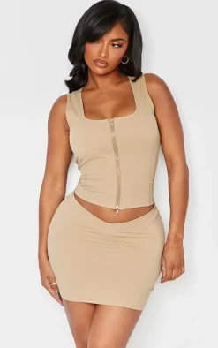New PrettyLittleThing Shape Sculpted Square Neck Zip Top Taupe