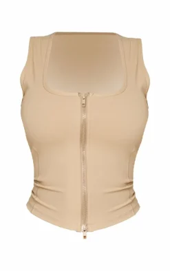 New PrettyLittleThing Shape Sculpted Square Neck Zip Top Taupe