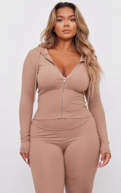 Online PrettyLittleThing Shape Sculpted Zip Through Hoodie Taupe