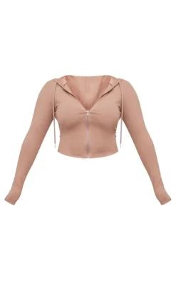 Online PrettyLittleThing Shape Sculpted Zip Through Hoodie Taupe